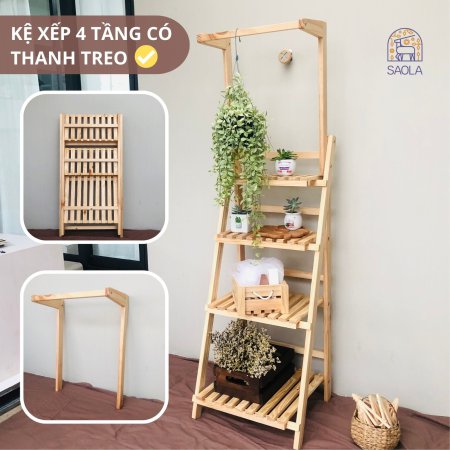 Kệ xếp 4 tầng gỗ thông có thanh treo